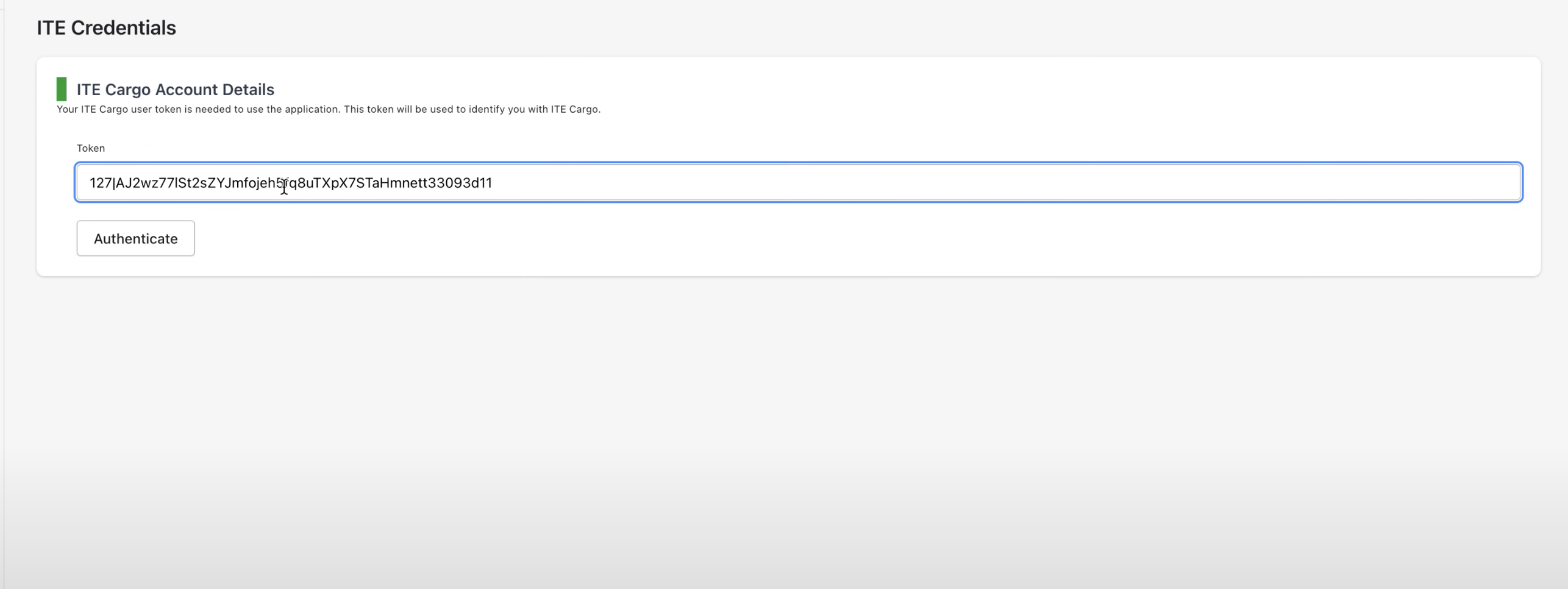 Enter ITE Cargo API Token and authenticate