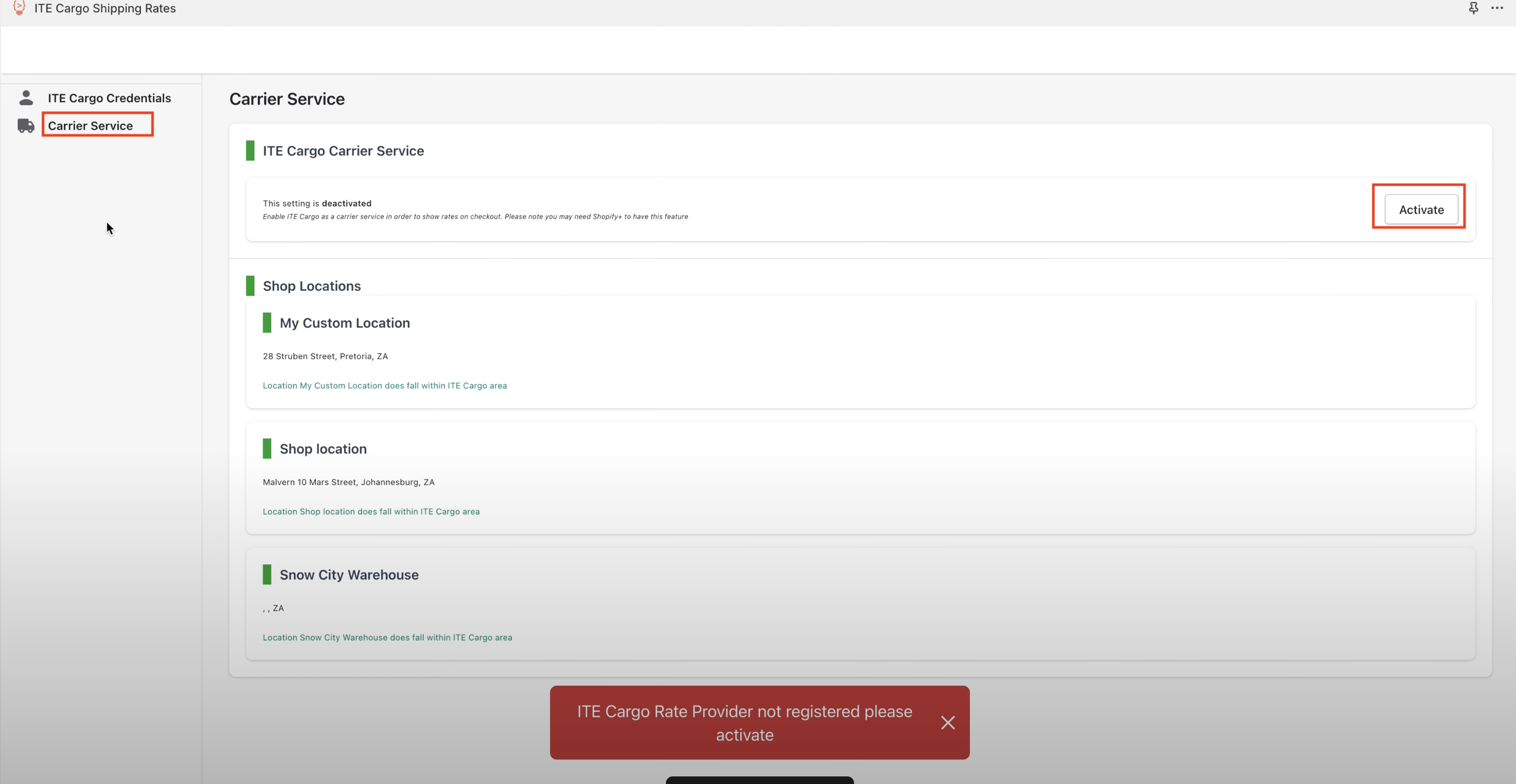 Activate ITE Cargo Carrier Service and verify shop locations